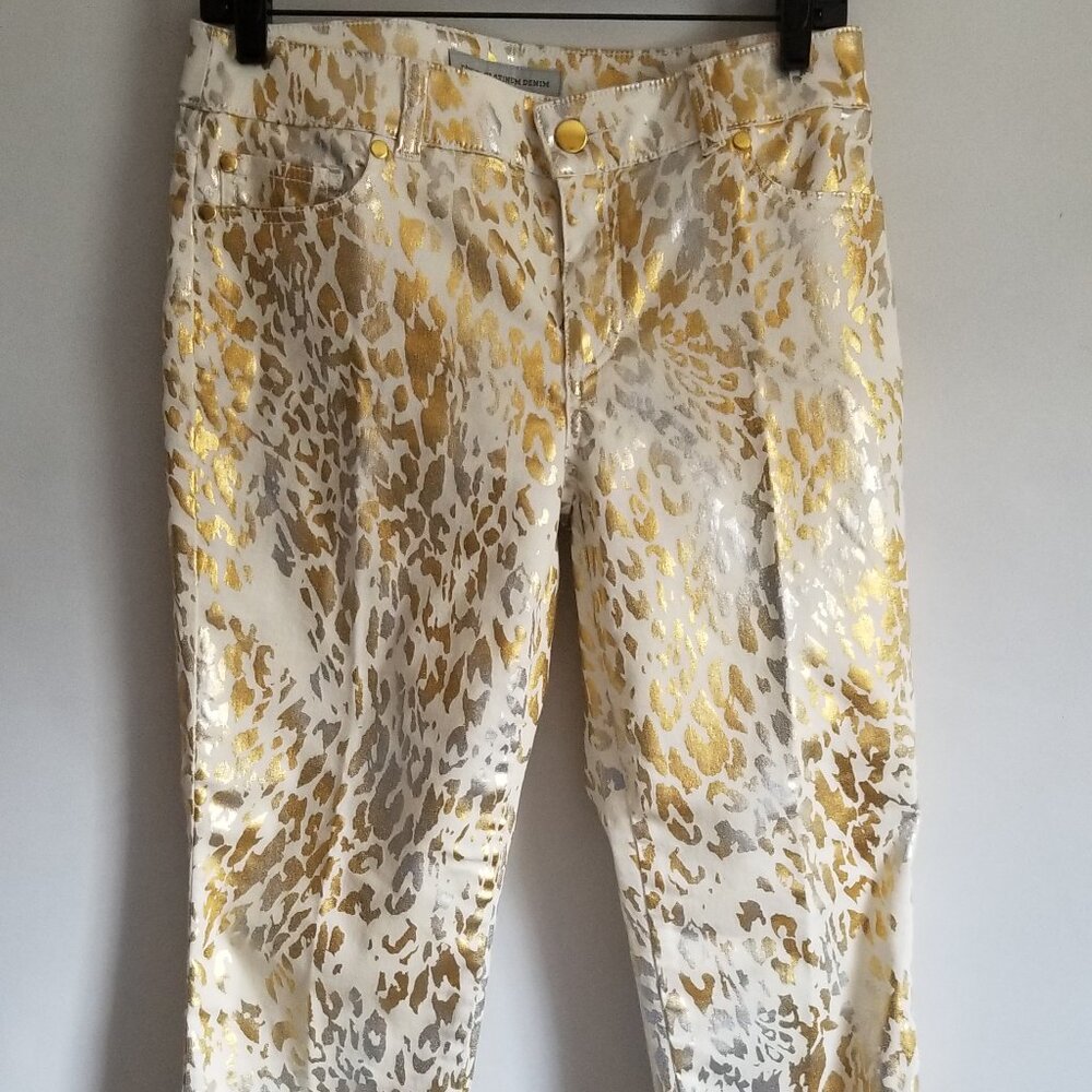Chico's White and Gold Animal Print Ankle Jeans